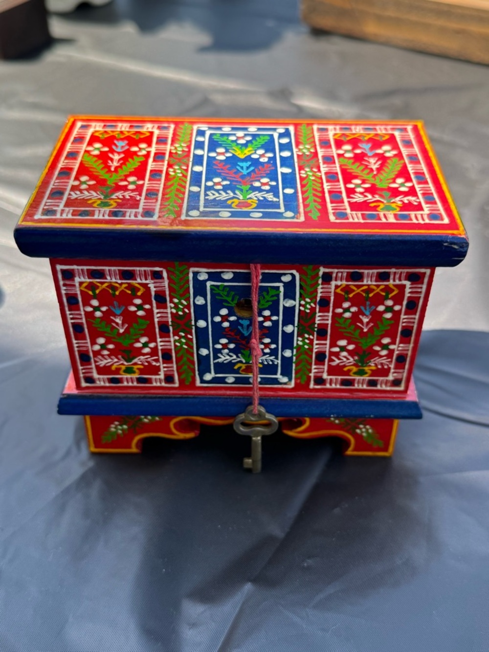 Hand-Painted Red & Blue Wooden Jewelry Box with Key